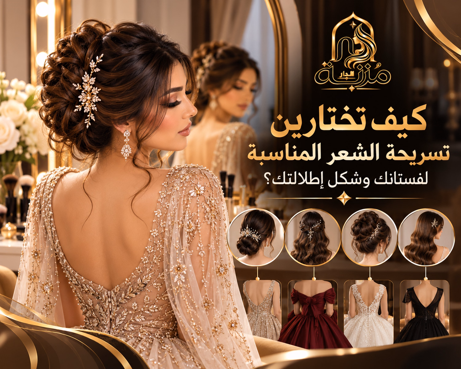 تسريحة شعر للمناسبات منسقة مع فستان سهرة لإطلالة نسائية في الإمارات